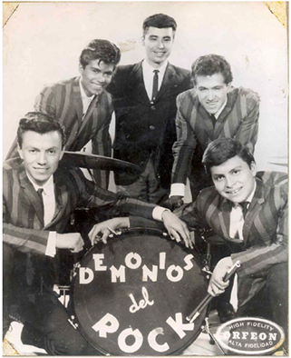 Demonios del Rock Puebla- De izq a derecha, Eugenio Pérez Mayersffer, Rodolfo Apango, Manfredo Yaguno, Juan Guerra y Mario Méndez